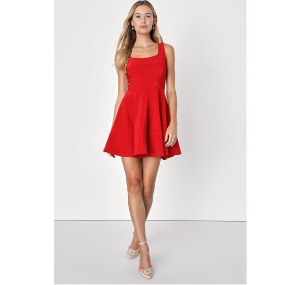 LULUS Home Before Daylight Red Square Neck Sleeveless Skater Dress Size Small - Picture 1 of 10